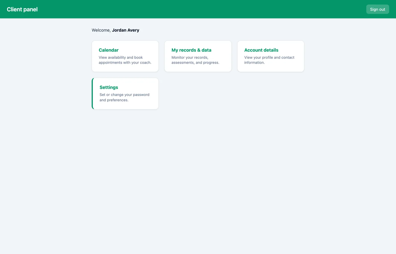Client panel showing one person's test history