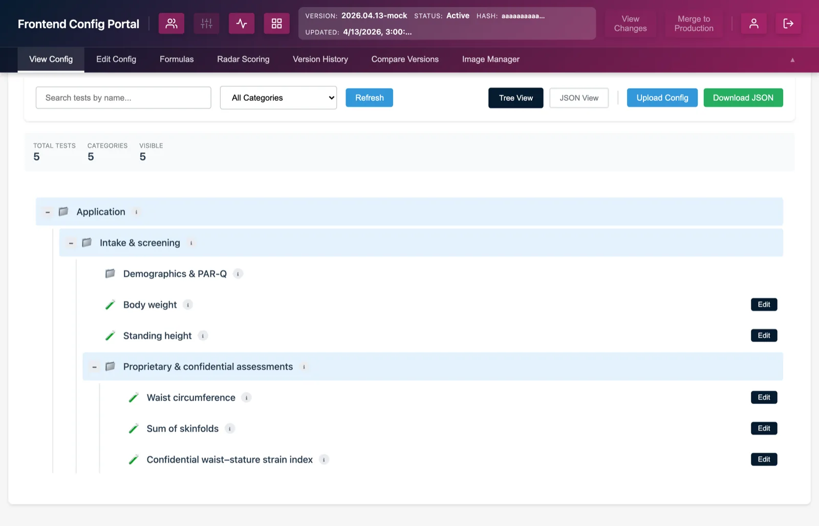 Configuration Portal showing an organisation's test configuration