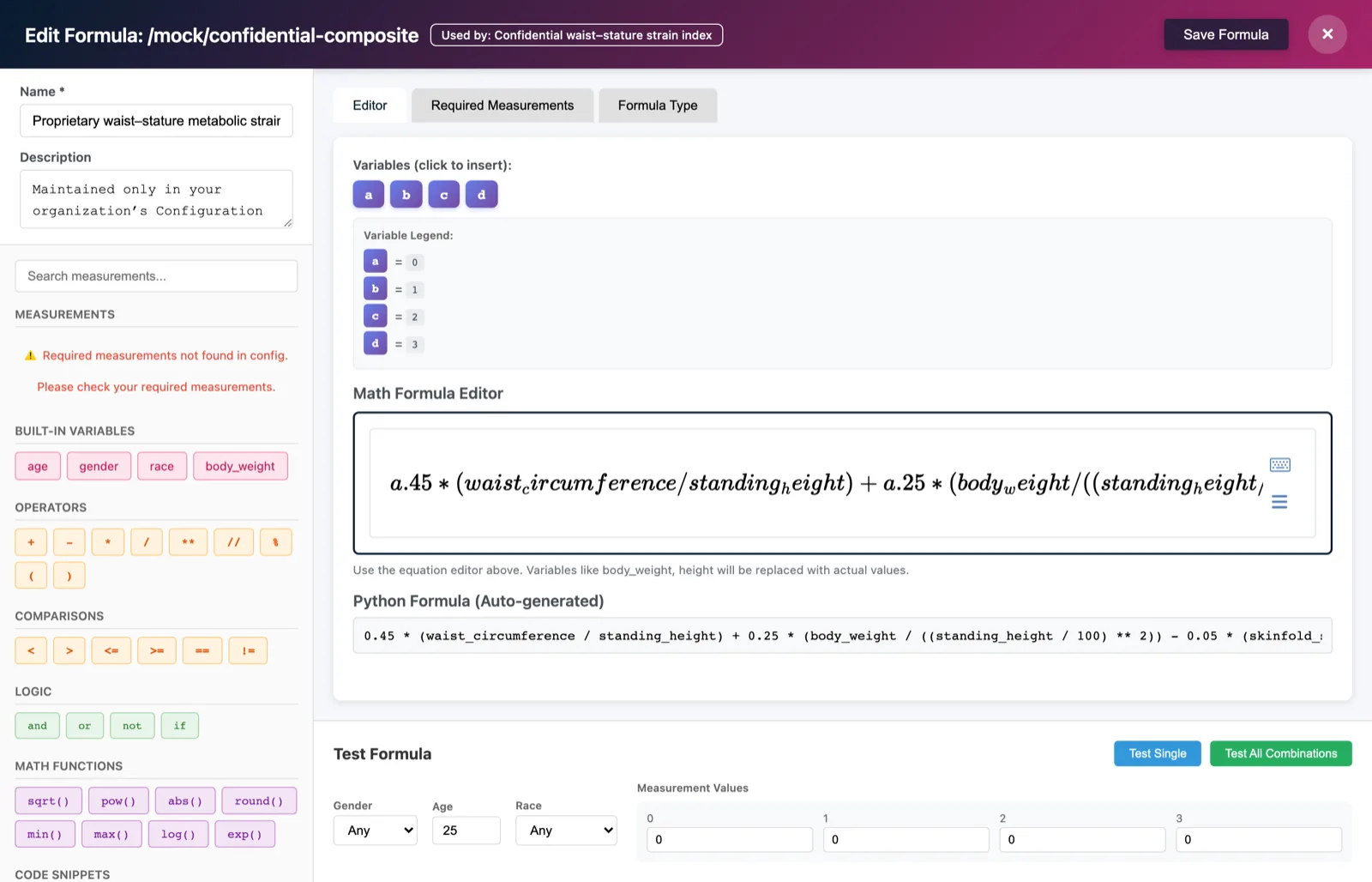 Formula editor while a new scoring formula is created